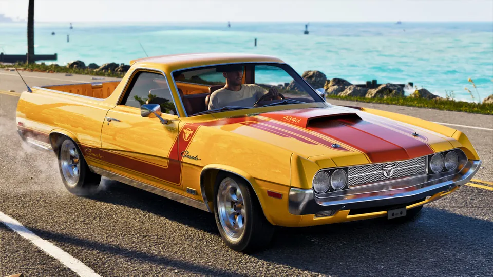 A yellow pickup with a red stripe drives along a seaside road in GTA 6