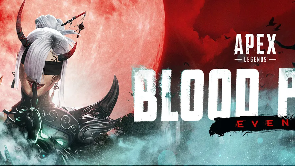 Apex Legends Blood Pact event banner with a werewolf Legend and a horned demon Legend under a red moon