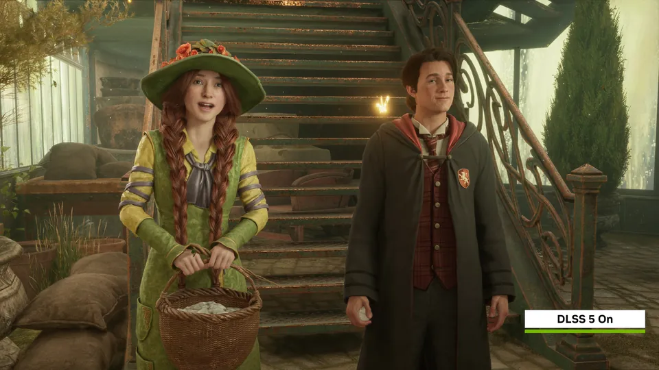 Two Hogwarts Legacy characters at the foot of a staircase with DLSS 5 turned on