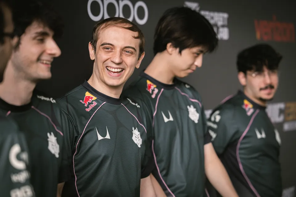 G2 Esports players laugh at the media wall during MSI 2026 in Daejeon, South Korea