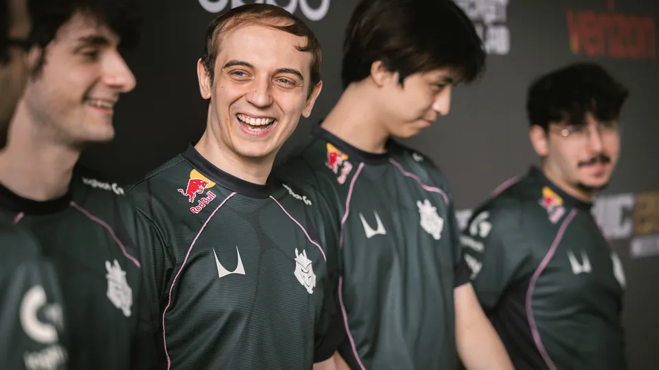 G2 Esports players laugh at the media wall during MSI 2026 in Daejeon, South Korea