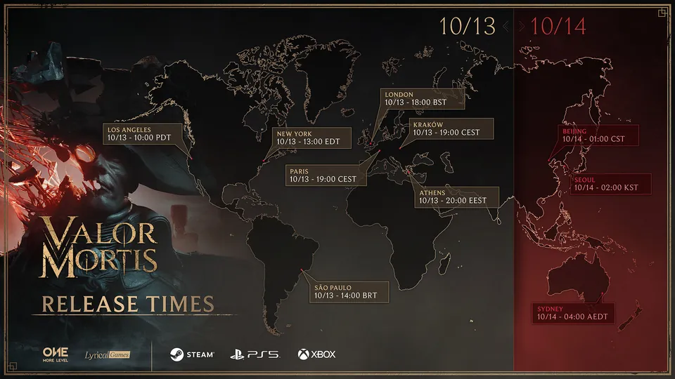 Valor Mortis release times map showing Oct. 13 at 13:00 EDT in New York and 10:00 PDT in Los Angeles on Steam, PS5 and Xbox