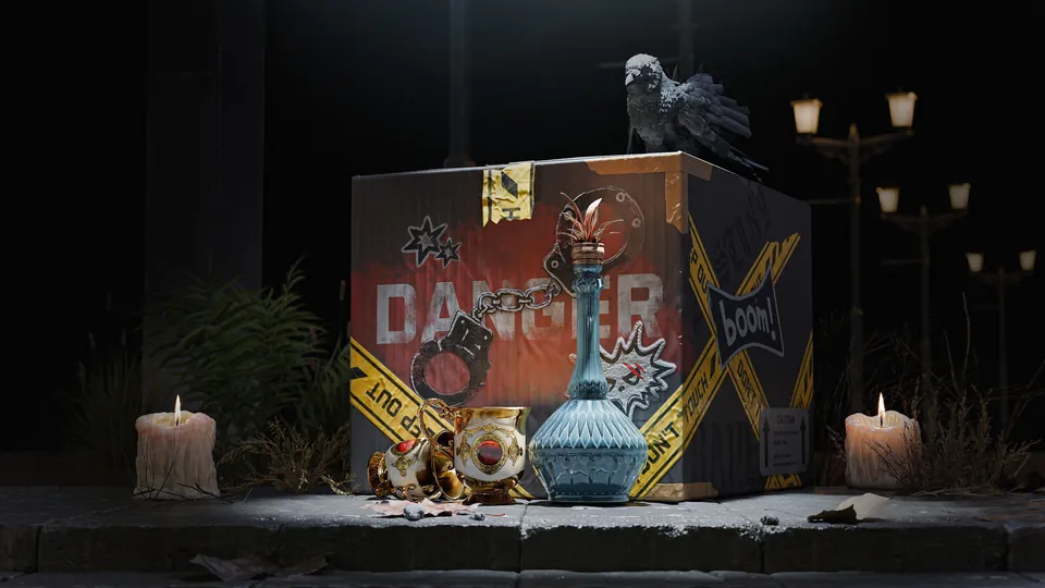 A crate marked Danger with caution tape, handcuffs, a blue glass decanter and gold cups between two candles at night, with a raven perched on top
