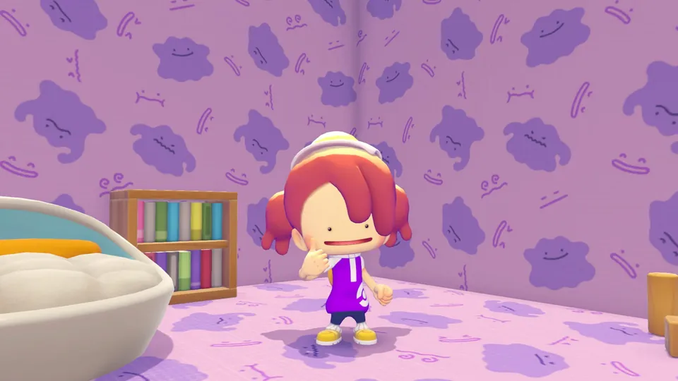 Ditto in human form poses in a room covered in purple Ditto print wallpaper with a bookshelf and a shell-shaped bed in Pokémon Pokopia