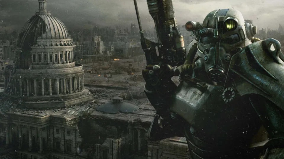A soldier in power armor holds a rifle above the ruined Capitol building in Washington, D.C., in Fallout 3