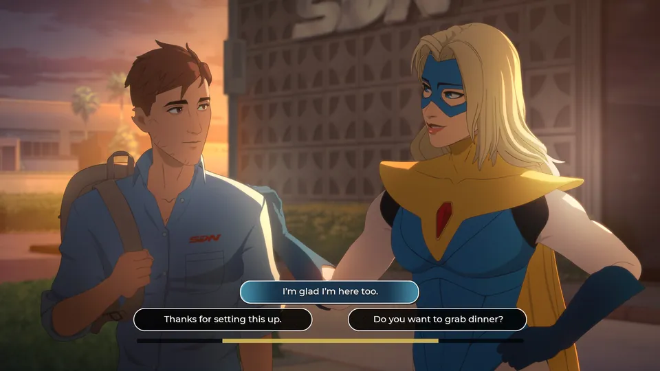 Robert Robertson and Blonde Blazer talking at sunset outside SDN headquarters, with three dialogue choices on screen