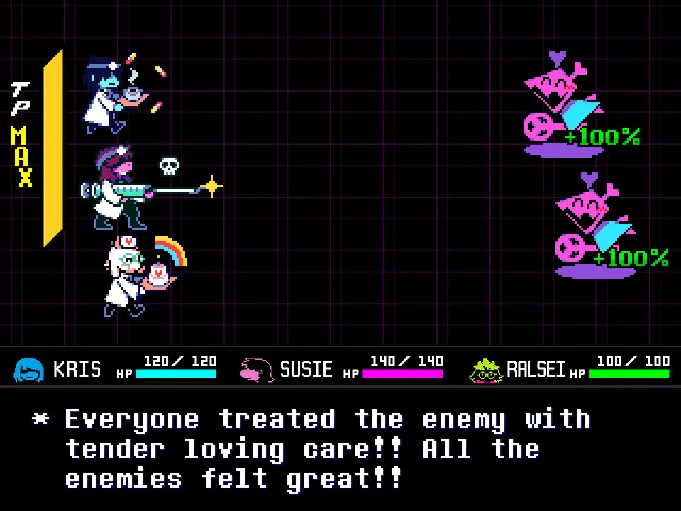 Kris, Susie and Ralsei care for two pink enemies in a battle, and a message says all the enemies felt great