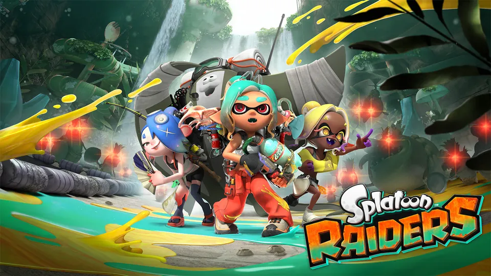 Splatoon Raiders key art with an Inkling and two companions in a jungle, splashed with yellow ink