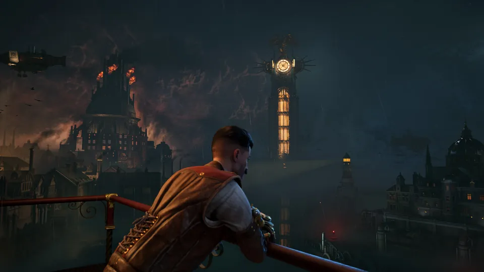 A character in a red vest leans on a railing above the smoky night skyline of Avalon