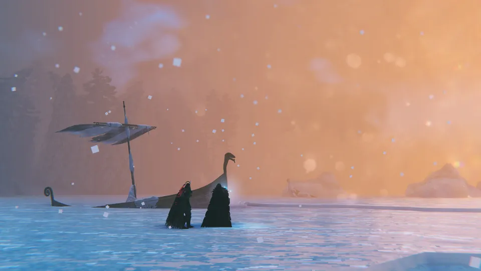 Two cloaked Vikings stand beside a longship frozen into sea ice