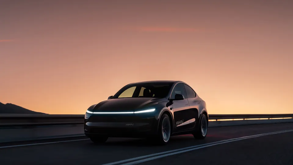 A black Tesla Model Y with Robotaxi lettering and its light bar on, driving at dusk