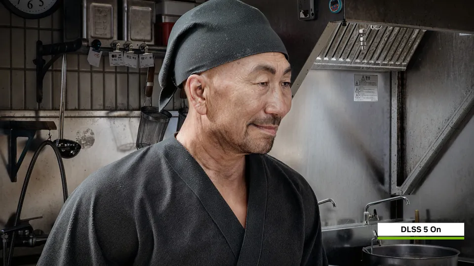 An older ramen chef in a dark headscarf in a restaurant kitchen, rendered with DLSS 5 on in an Nvidia demo