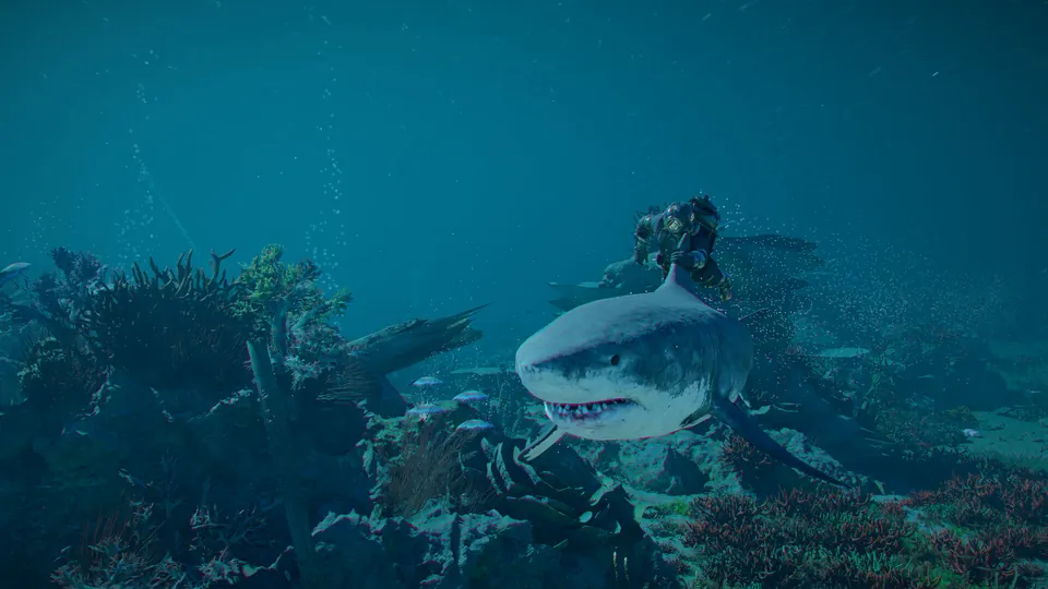 A diver in a brass helmet rides a large shark, holding its dorsal fin, over a coral reef in Crimson Desert: Charting the Unknown