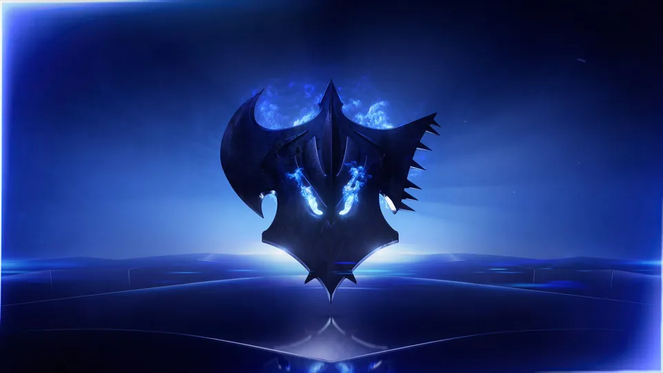The World Championship emblem in dark metal with glowing blue edges above a blue-lit stage