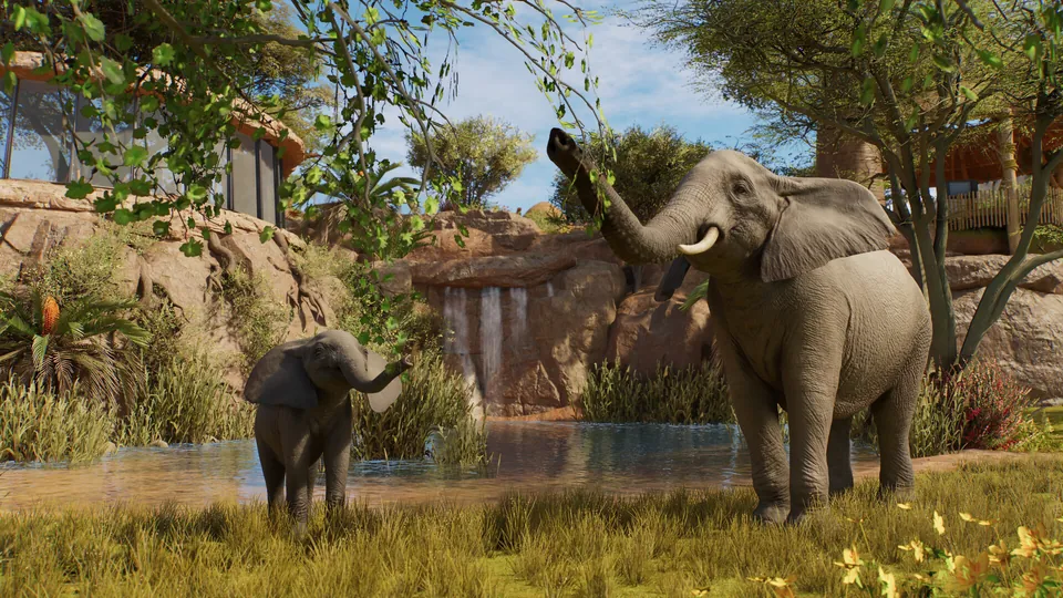 An elephant and her calf by a waterfall in a Planet Zoo 2 habitat