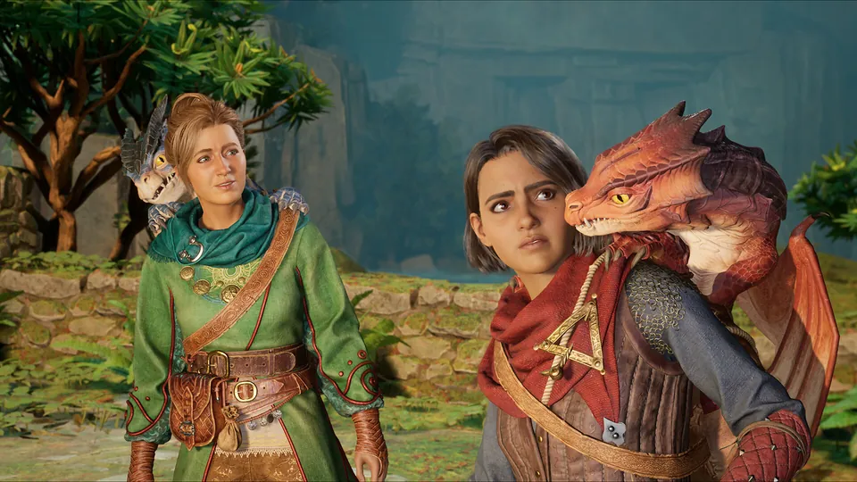 Zoe and Mio stand in a sunlit fantasy village with small dragons perched on their shoulders in Split Fiction