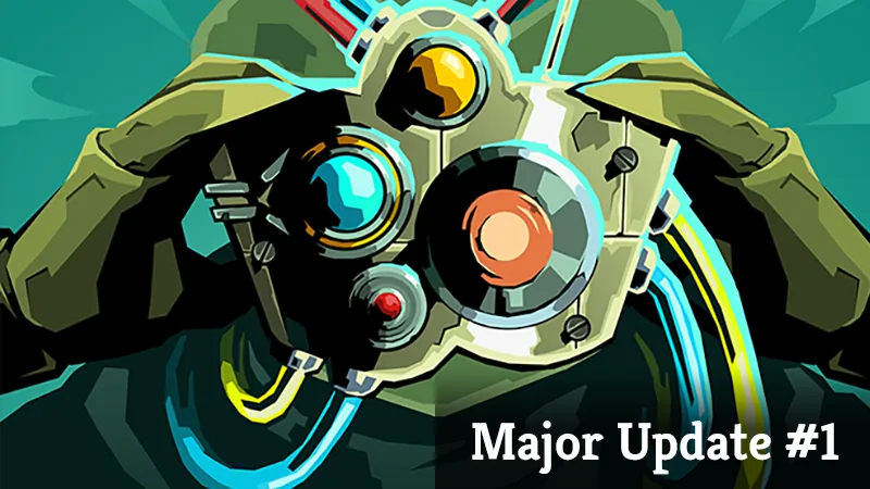 Major Update #1 art of a figure peering through goggles with colored lenses on a teal background
