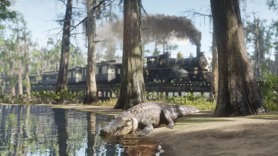 A steam train crossing a swamp bridge as an alligator rests on the bank in Red Dead Redemption 2