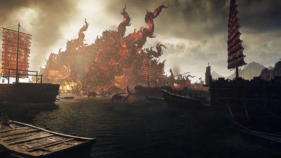 War junks burn on the river in front of a huge demonic growth at the Red Cliffs in Wo Long 2