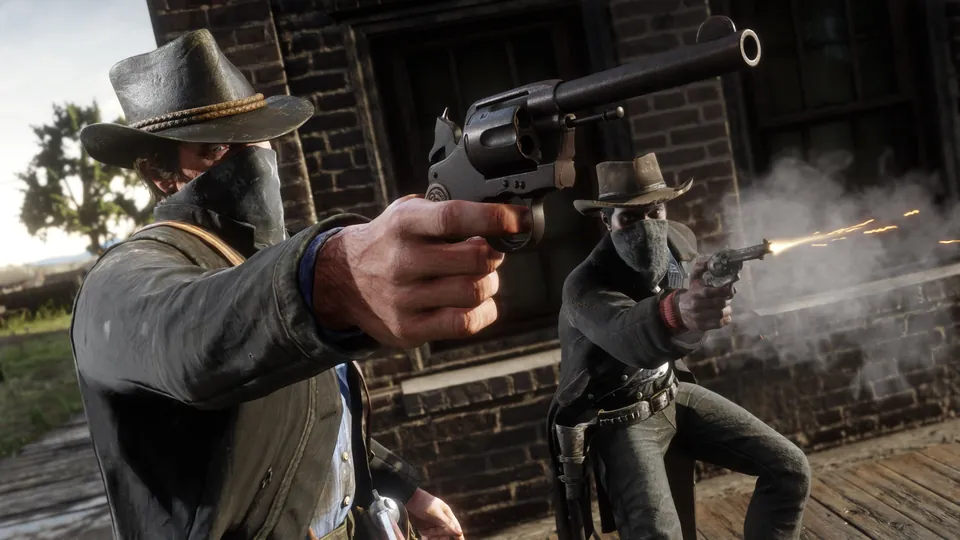 Two masked outlaws fire revolvers outside a brick building in Red Dead Redemption 2