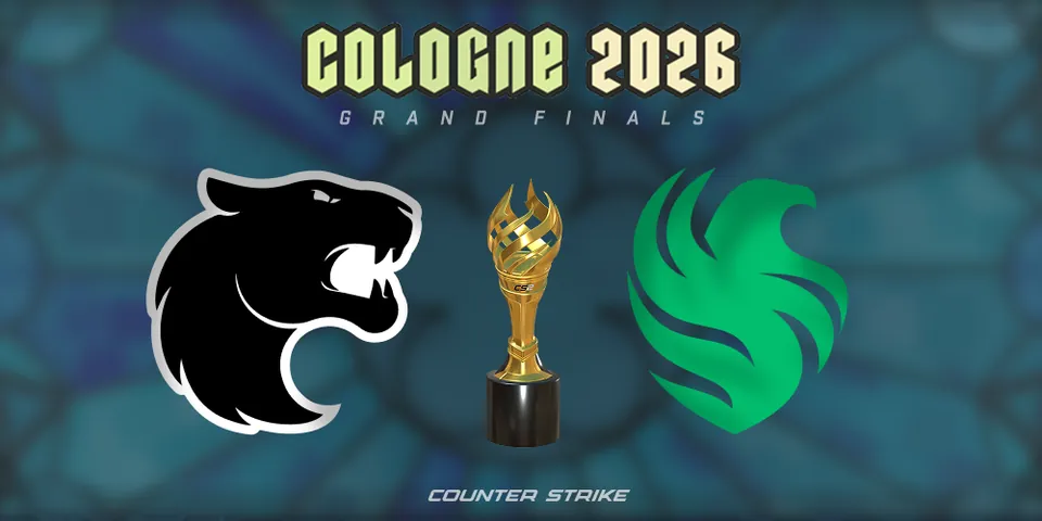 The FURIA and Team Falcons logos on either side of a gold trophy above the words Cologne 2026 Grand Finals