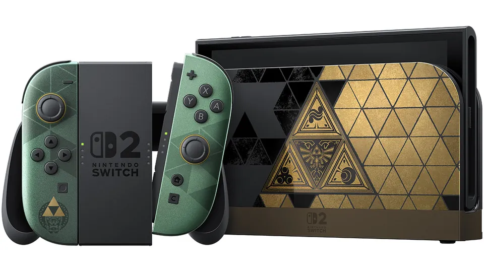 The Zelda 40th Anniversary Edition Switch 2 with green Joy-Con 2 and a gold Triforce dock