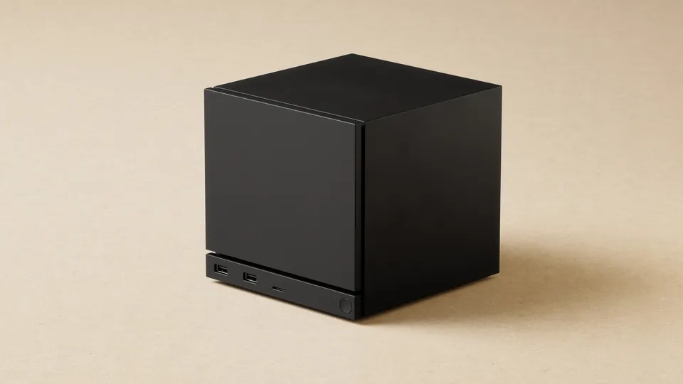 The black Steam Machine cube at an angle on a beige surface