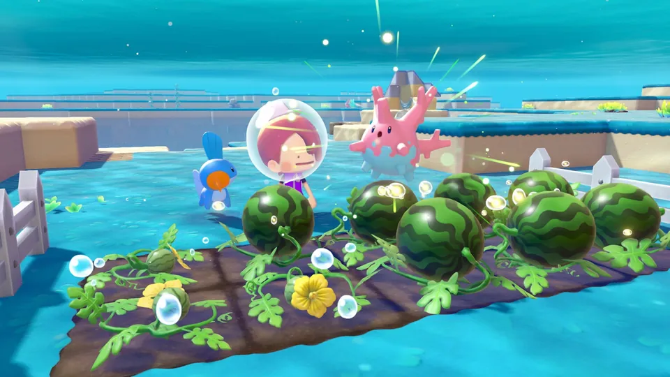 Ditto in a diving helmet tends giant watermelons on the sea floor next to a Mudkip and a Corsola in Pokémon Pokopia's Bubbly Basin