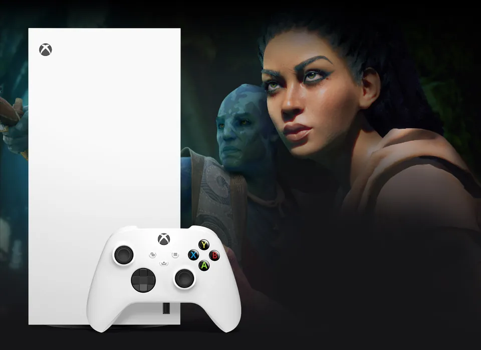 White Xbox Series X Digital Edition and white controller next to two fantasy game characters