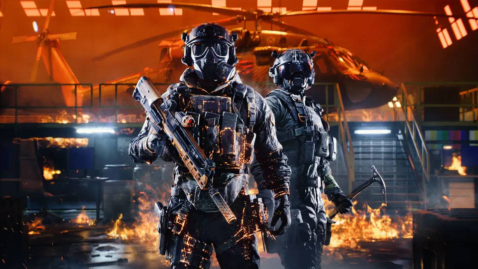 Two soldiers in charred black and orange armor stand in a burning hangar in Battlefield 6's Season 5 Battlefield Pro
