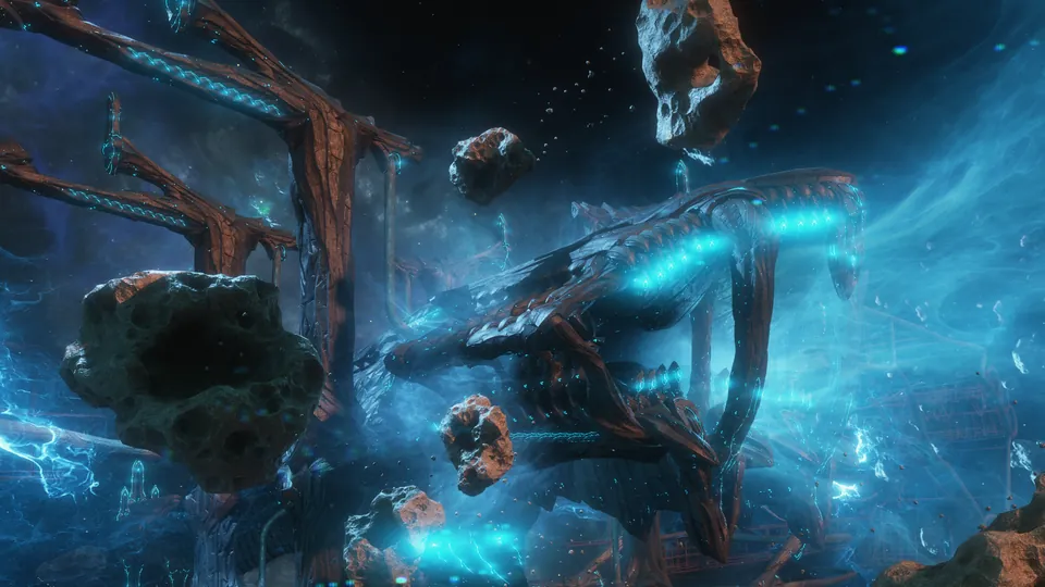 Warframe Epoch Operation: Taubound image: a Sentient ship drifts through an asteroid field in blue light