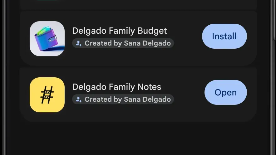 An Android phone showing Your personal library in Google Play, with four apps the user created