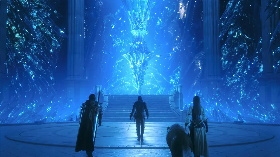 Three figures walk toward a towering blue crystal inside a vast glowing hall in Final Fantasy XVI