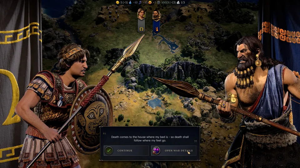 Two ancient leaders face off over a declaration of war in Civilization VII, one with a spear and a round shield.