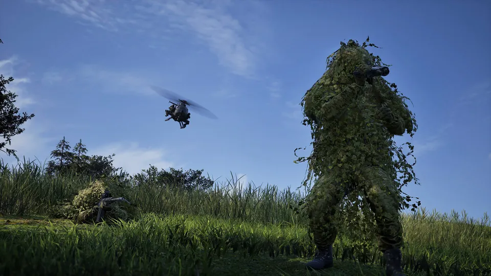 WARDOGS spotter in a ghillie suit with binoculars in tall grass as a Little Bird helicopter carrying soldiers flies overhead