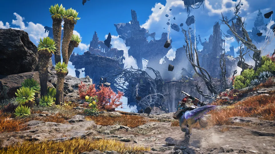 A hunter rides a Seikret through a landscape of floating islands in Monster Hunter Wilds: Ascendance