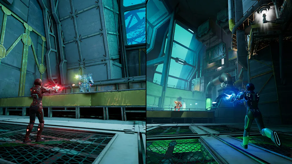 Mio and Zoe fire blasters inside a sci-fi facility on a split screen in Split Fiction on Nintendo Switch 2