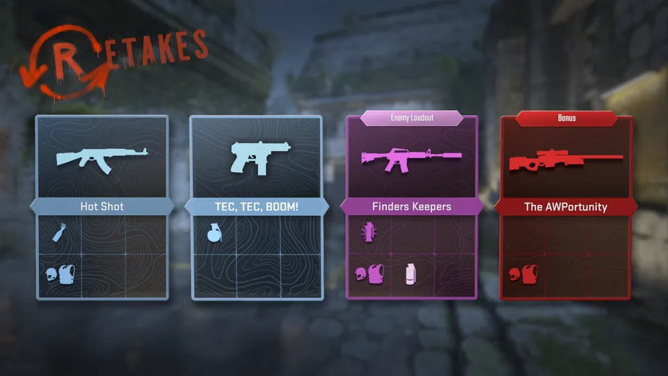 Counter-Strike 2 Retakes card selection screen with four loadout cards, including Hot Shot and The AWPortunity