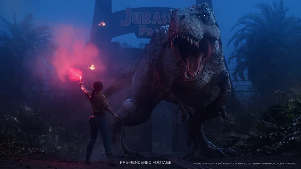 Dr. Maya Joshi holds up a red flare in front of a T. rex at the Jurassic Park gates in Jurassic Park: Survival