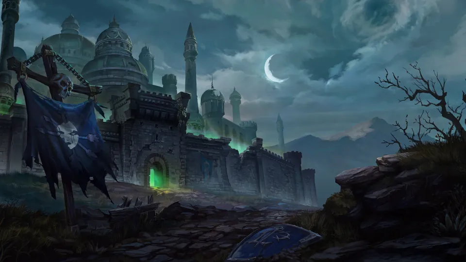 A ruined castle with domed towers glowing green under a crescent moon, with a torn banner on a post in Forsaken Kingdom
