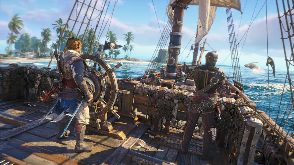 Edward Kenway at the wheel of his ship near a tropical island in Assassin's Creed Black Flag Resynced