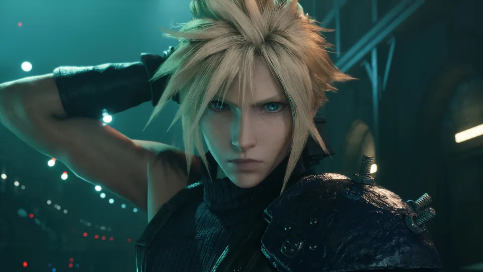 Cloud Strife reaches for a sword over one shoulder under green Mako light