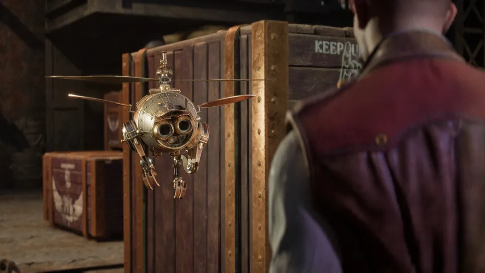 A small flying automaton with propellers hovers beside the player near wooden crates