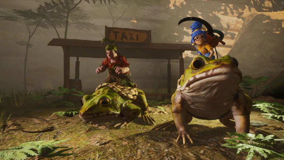 Cody and May ride two giant frogs past a wooden taxi sign in a misty swamp in It Takes Two on Nintendo Switch 2
