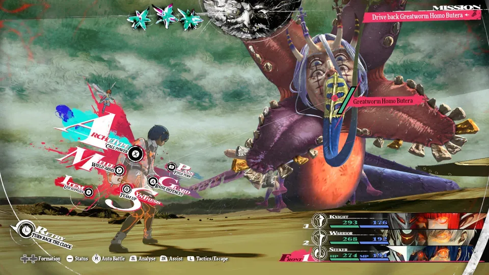 The blue-haired lead faces a giant worm creature with a human face on a stormy plain in Metaphor: ReFantazio