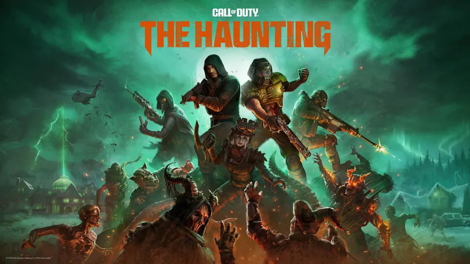 Hooded operators fire into a horde of zombies under a green sky in The Haunting key art for Black Ops 7 Season 6