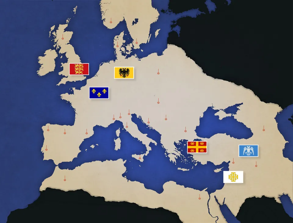 A map of Europe and the Mediterranean with the flags of England, France, the Holy Roman Empire, the Byzantine Empire, Rum and Jerusalem