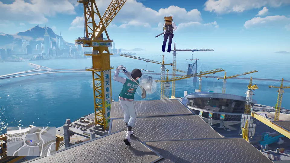 Characters leap across cranes and rooftops above a harbor city in Ananta