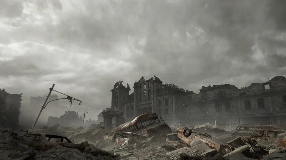The ruins of Raccoon City lie under a gray storm sky, with wrecked cars and collapsed buildings, in Resident Evil Requiem