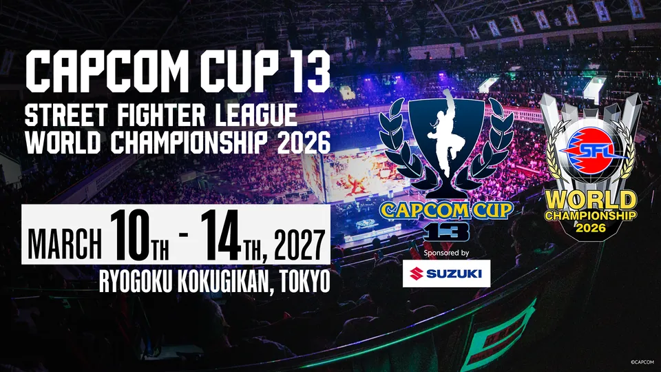 The Capcom Cup 13 and Street Fighter League World Championship 2026 date graphic over the Ryogoku Kokugikan arena
